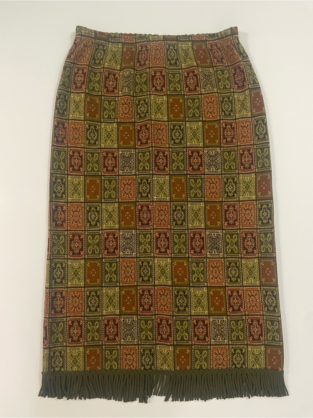 Lennie for Nina Leonard Tapestry Knit Fringe Midi Skirt Size M Geometric Retro